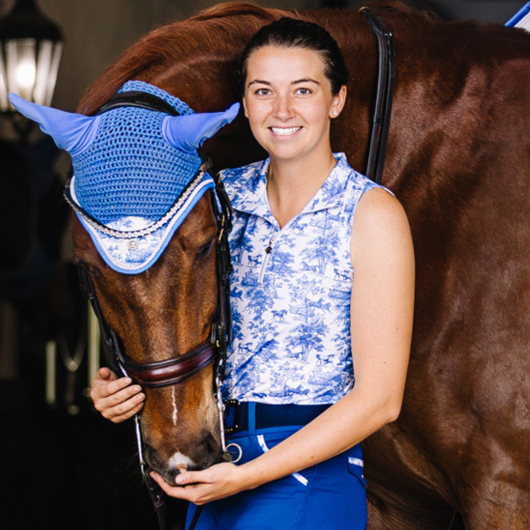 Dapplebay Equestrian Toile 1/4 Zip Light Riding Top - Sleeveless-Blue/White