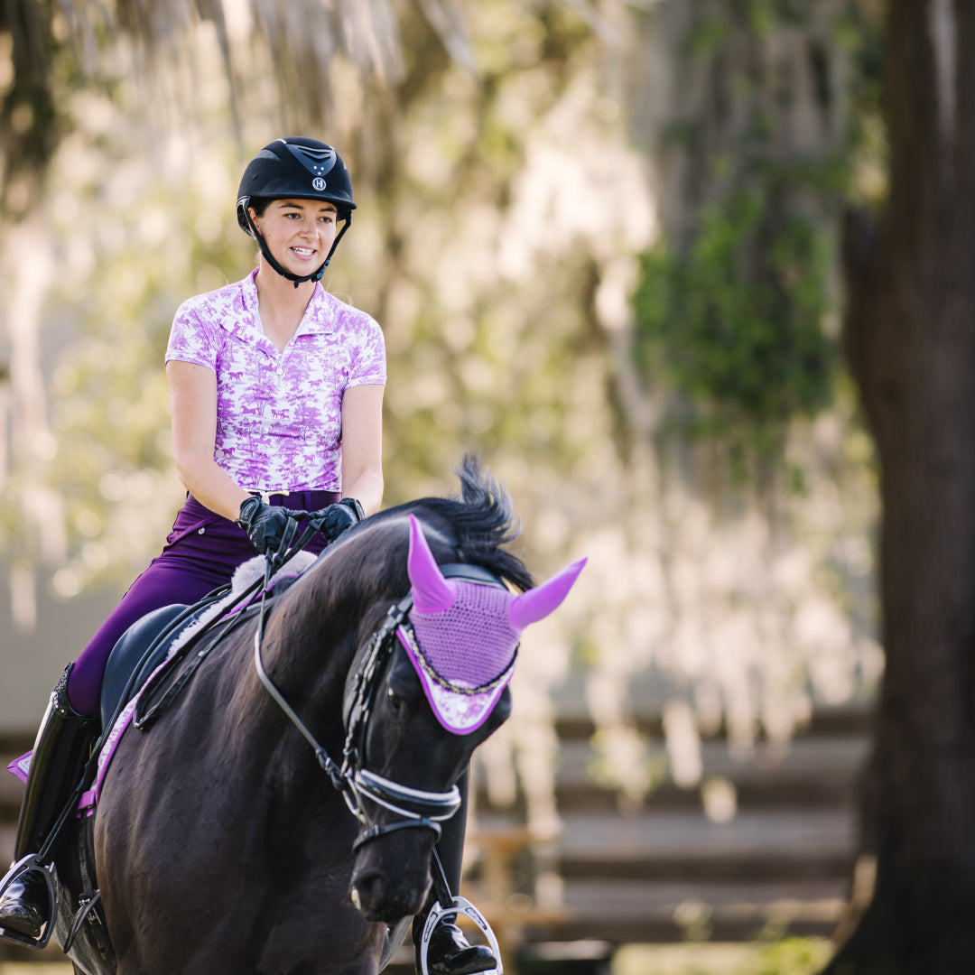 Dapplebay Equestrian Toile 1/4 Zip Light Riding Top - Short Sleeve-Rose/White