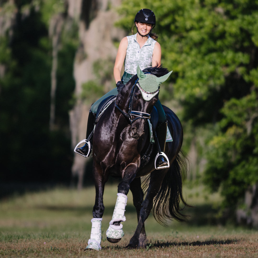 Dapplebay Equestrian Toile 1/4 Zip Light Riding Top - Sleeveless-Green/White