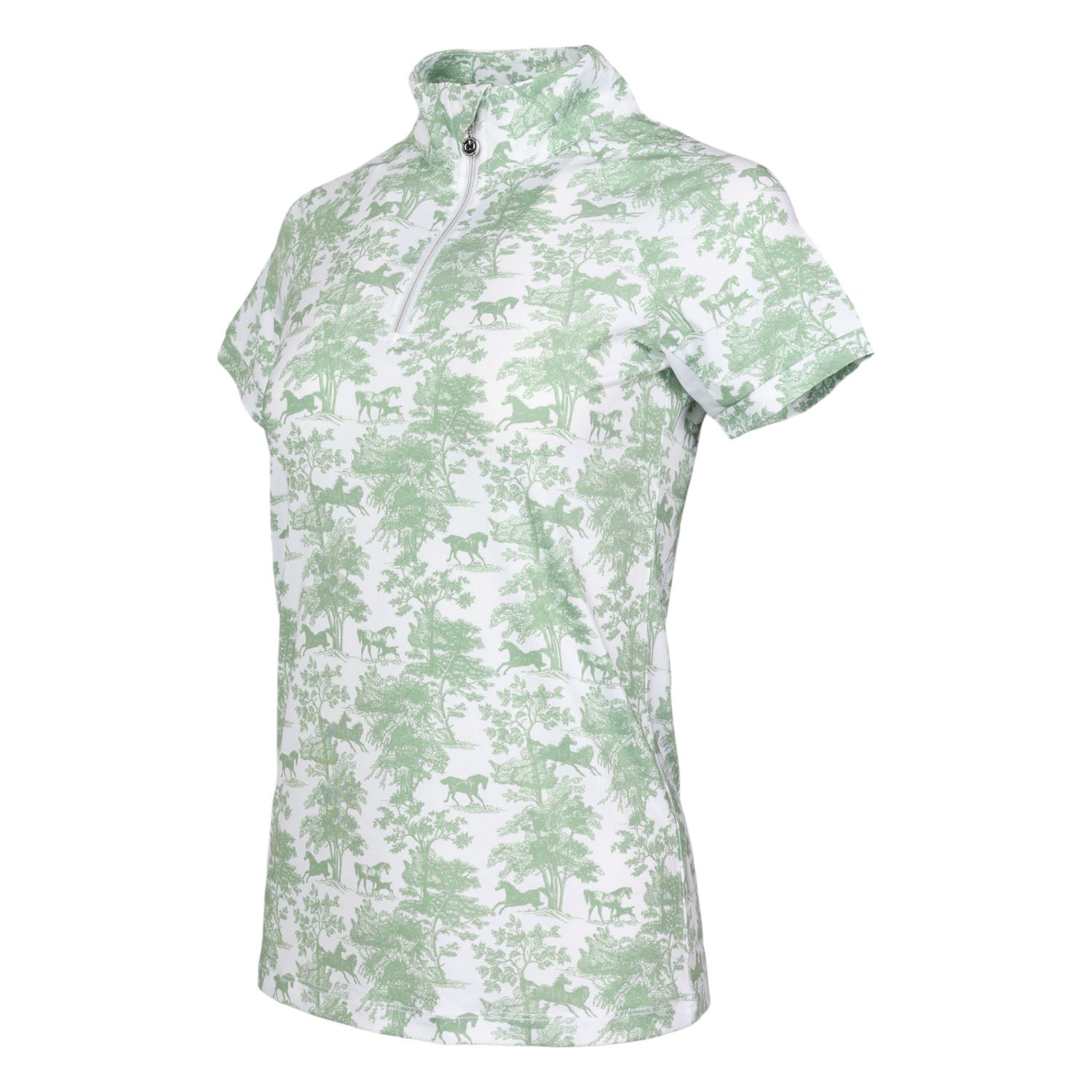 Dapplebay Equestrian Toile 1/4 Zip Light Riding Top - Short Sleeve-Green/White