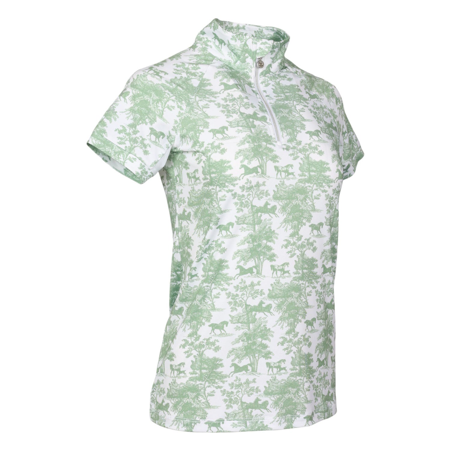 Dapplebay Equestrian Toile 1/4 Zip Light Riding Top - Short Sleeve-Green/White