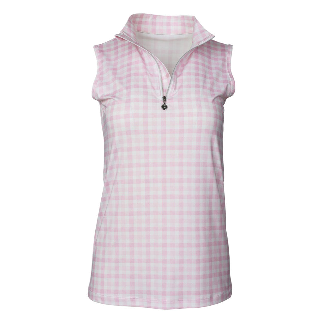 Dapplebay Gingham 1/4 Zip Riding Top - Sleeveless-Pink/White