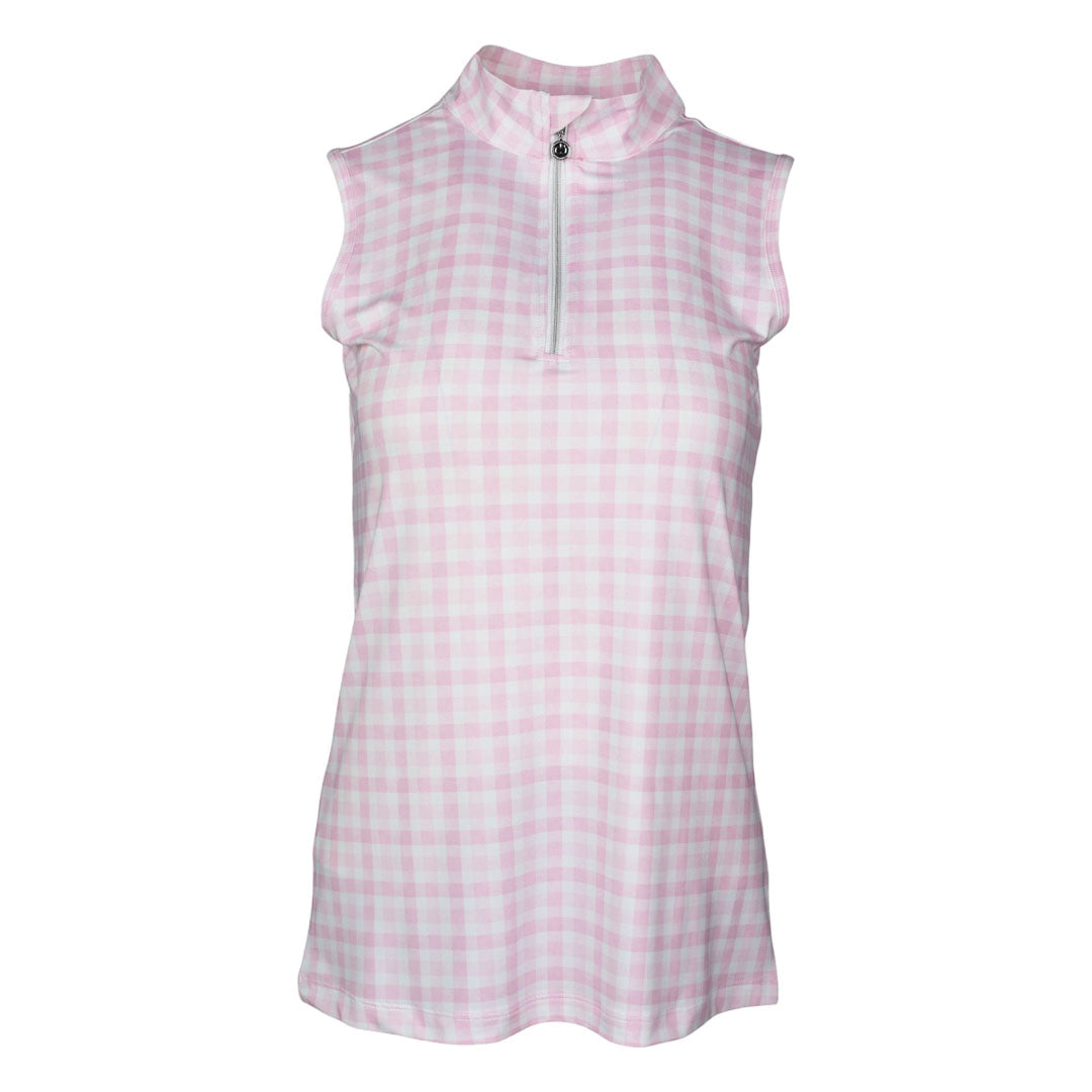 Dapplebay Gingham 1/4 Zip Riding Top - Sleeveless-Pink/White