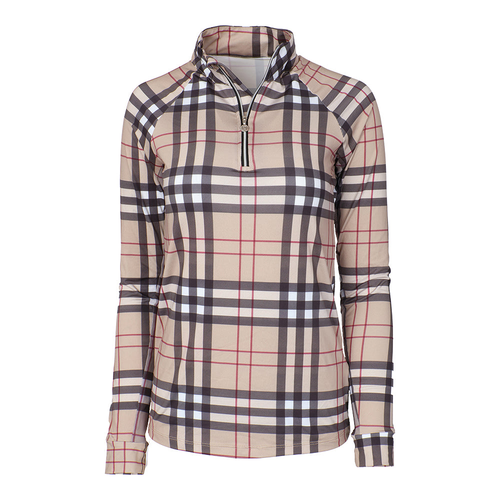 Dapplebay Holiday Plaid Ladies 1/4 Zip Riding Top- Tan