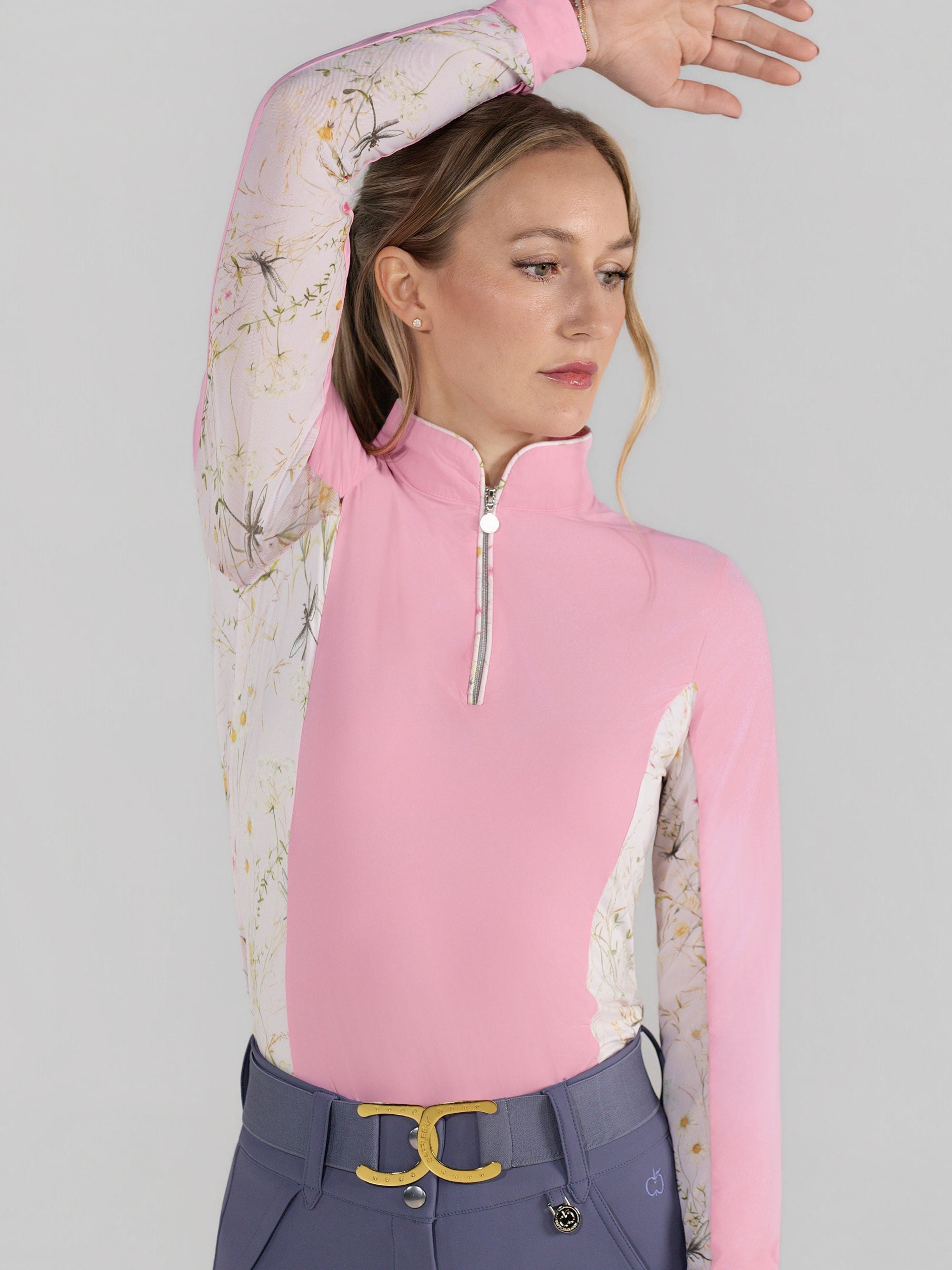 Dapplebay Grace 1/4 Zip LS Riding Top-Light Pink/Dragonfly Meadow