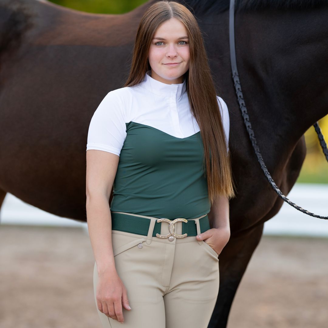 Dapplebay Lady 1/4 Zip Show Top - Short Sleeve-White/Evergreen