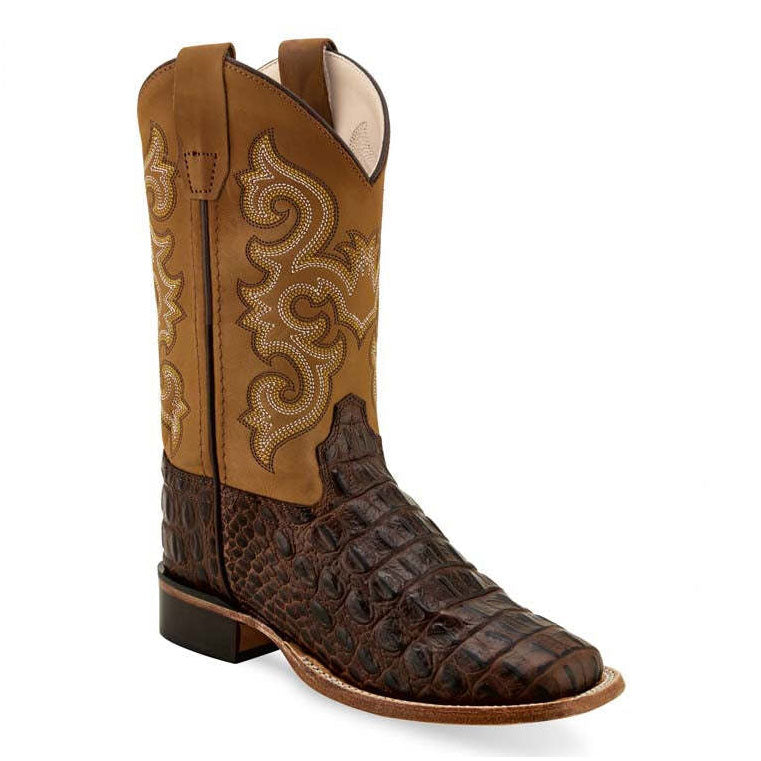 Old West Youth Brown and Tan Canyon Faux Horn Back Gator Print Boot
