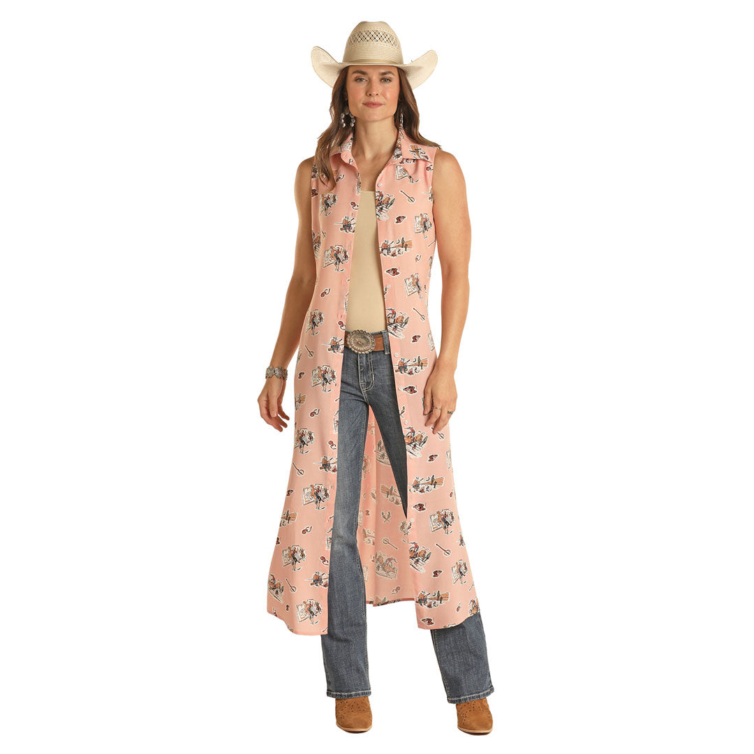 Rock & Roll Denim Ladies Sleeveless Cowboy Print Duster