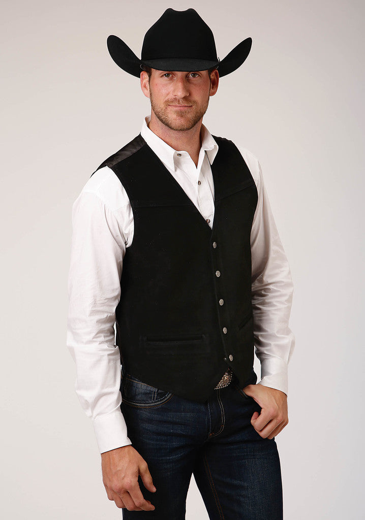 Roper Mens Black Suede Leather Vest With Buckle Tie Breeches