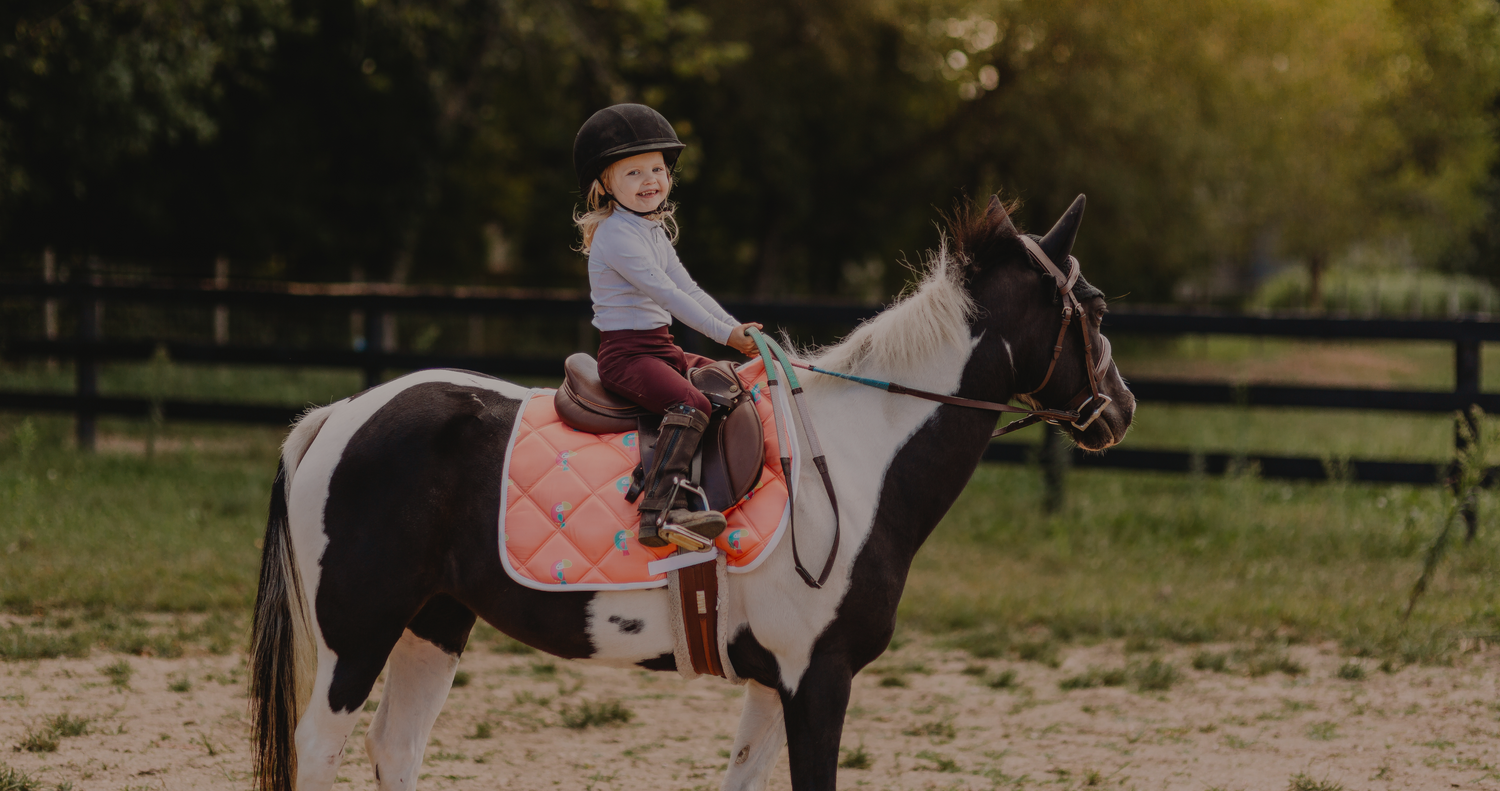 child wearing horseback riding outfit, childrens riding helmet, and horseback riding boots on a black and white pinto pony