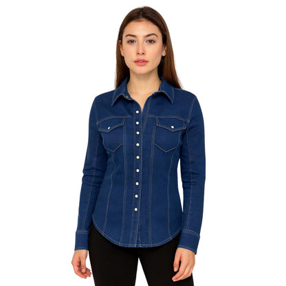 TuffRider Ladies Stone Washed Western Stretch Denim Shirt with Zip Closure and Decorative Pearl Snaps