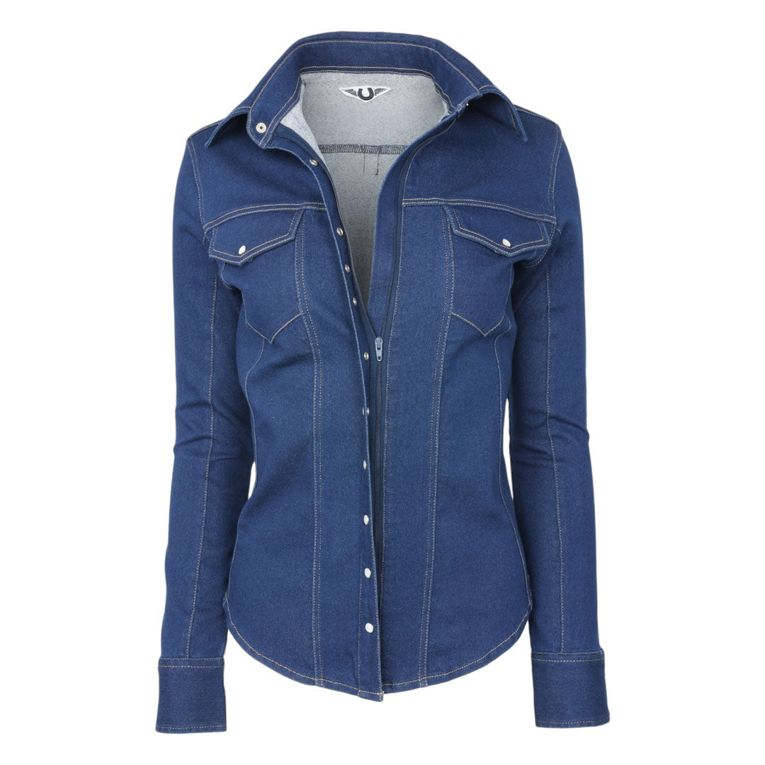  TuffRider Stone Washed Western Stretch Denim Shirt With Pearl Snaps