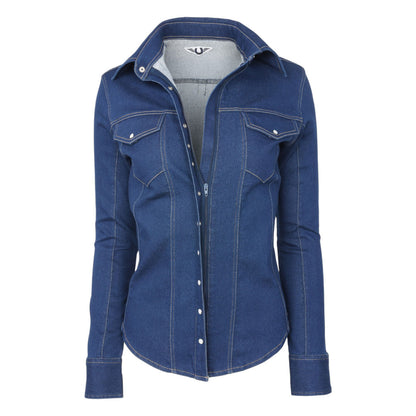 TuffRider Ladies Stone Washed Western Stretch Denim Shirt with Zip Closure and Decorative Pearl Snaps