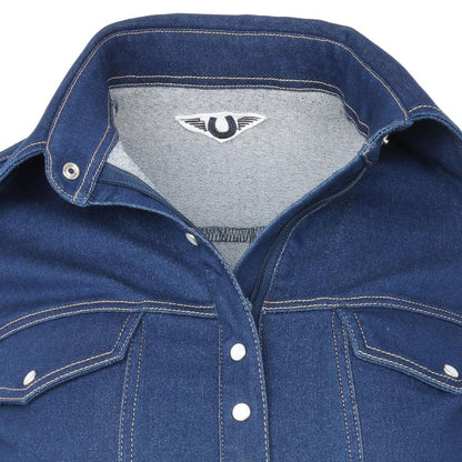 TuffRider Ladies Stone Washed Western Stretch Denim Shirt with Zip Closure and Decorative Pearl Snaps