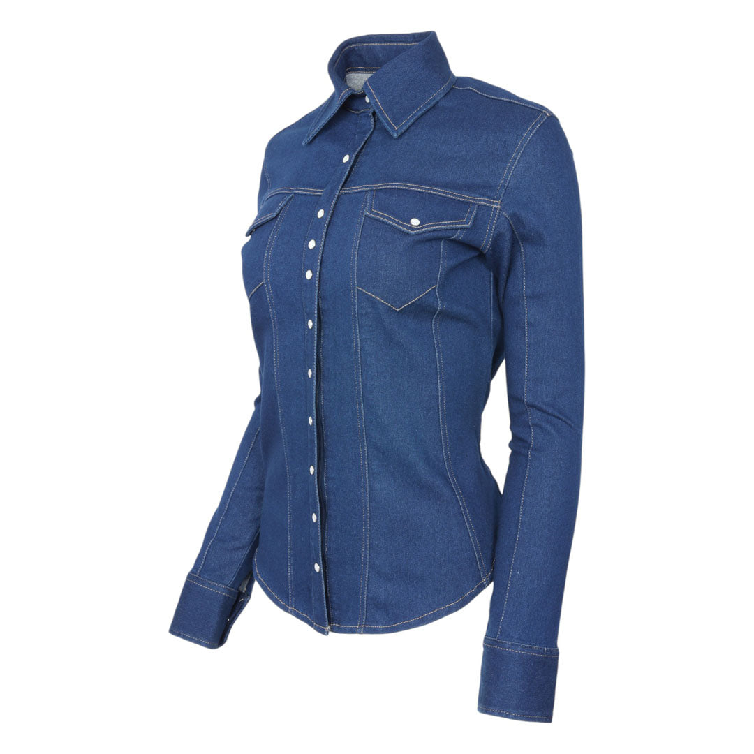 TuffRider Ladies Stone Washed Western Stretch Denim Shirt with Zip Closure and Decorative Pearl Snaps