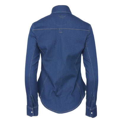 TuffRider Ladies Stone Washed Western Stretch Denim Shirt with Zip Closure and Decorative Pearl Snaps