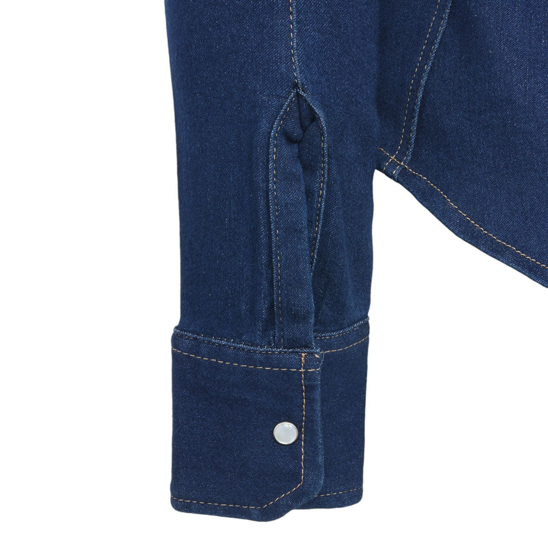 TuffRider Ladies Stone Washed Western Stretch Denim Shirt with Zip Closure and Decorative Pearl Snaps
