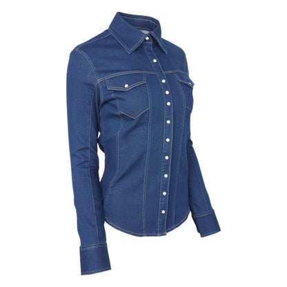 TuffRider Ladies Stone Washed Western Stretch Denim Shirt with Zip Closure and Decorative Pearl Snaps