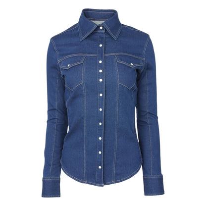 TuffRider Ladies Stone Washed Western Stretch Denim Shirt with Zip Closure and Decorative Pearl Snaps