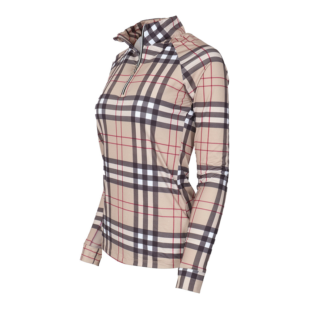 Dapplebay Holiday Plaid  Ladies 1/4 Zip Riding Top- Tan
