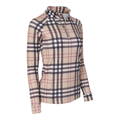 Dapplebay Holiday Plaid  Ladies 1/4 Zip Riding Top- Tan