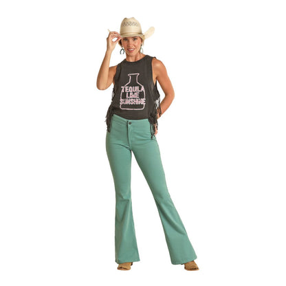 Rock &amp; Roll Denim Ladies Turquoise Button Flare Jean