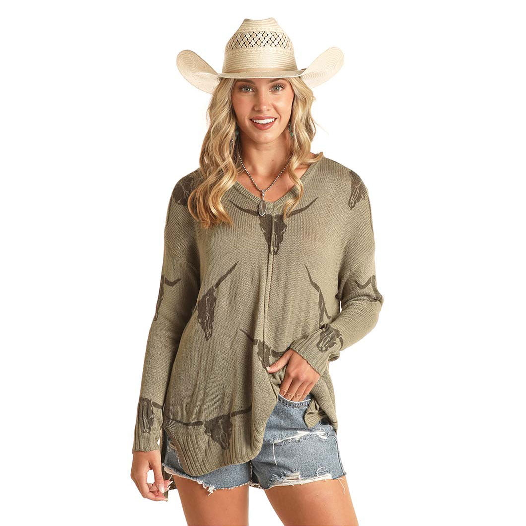 Rock &amp; Roll Denim Ladies Sweater w/ Longhorn Design