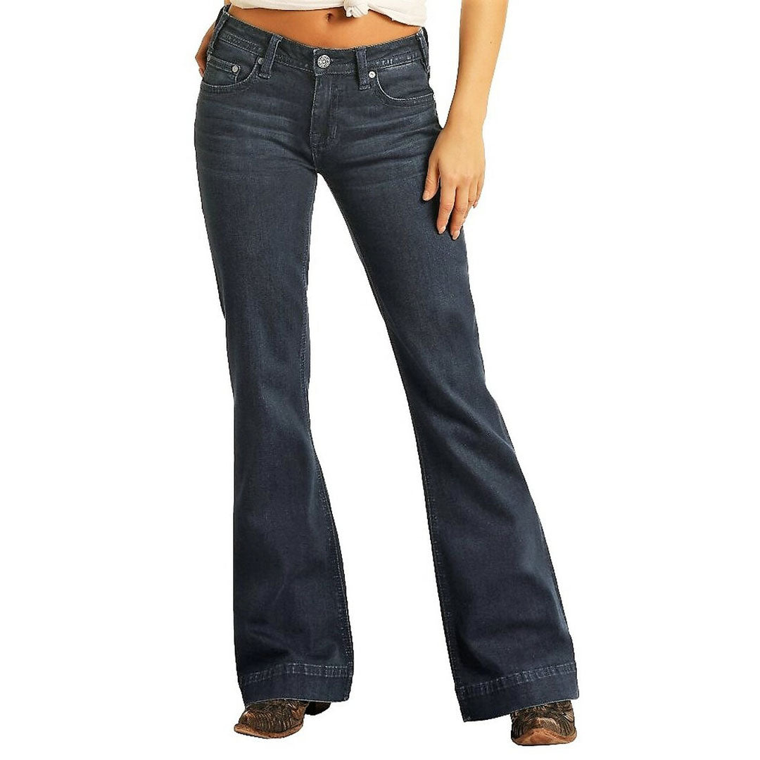 Rock &amp; Roll Denim Ladies Mid Rise Extra Stretch Trousers- Dark Wash