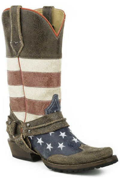 Roper Mens American Flag Biker Boot W/Harness Americana