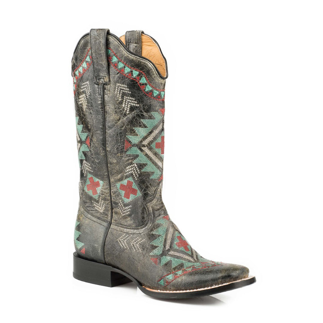 Roper Womens Waxy Black Leather Vamp &amp; Shaft Boots
