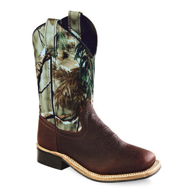 Old West Youth Thunder Oiled Rust and Camo Broad Square Toe Boot