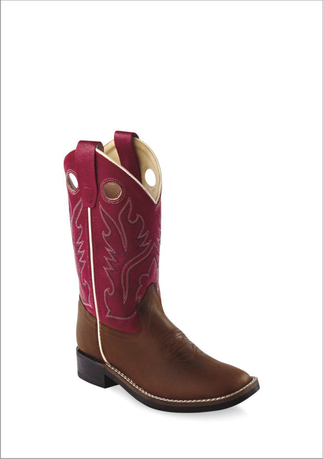 Old West Youth Light Distress and Red Ultra Flex Broad Square Toe Boot