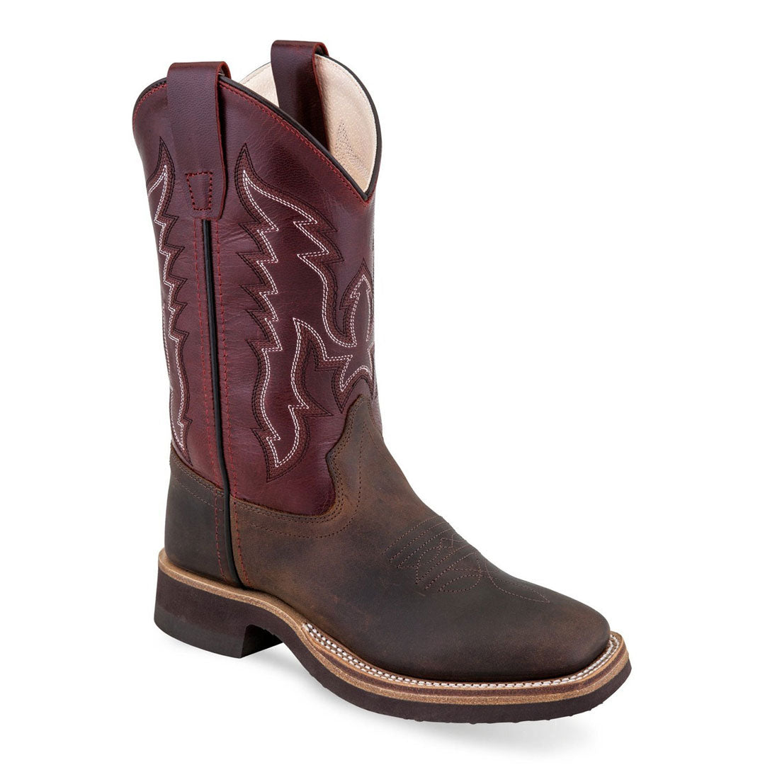 Old West Youth Brown and Red Broad Square Toe Boots