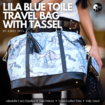 AWST INT’L “LILA” BLUE TOILE PATTERN TRAVEL BAG W/TASSEL - Breeches.com