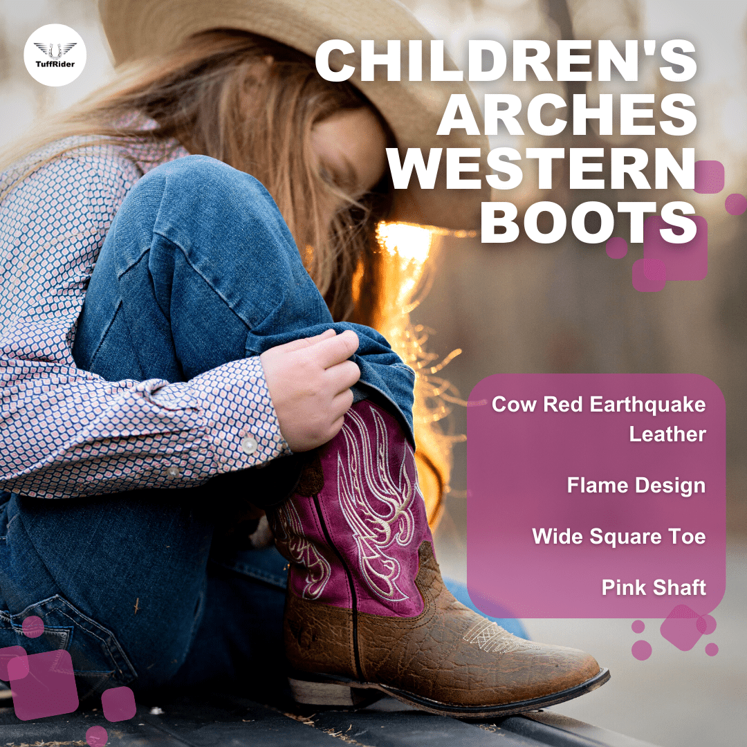 TuffRider Youth Arches Flame Embroidered Pink Shaft Square Toe Western Boots - Breeches.com