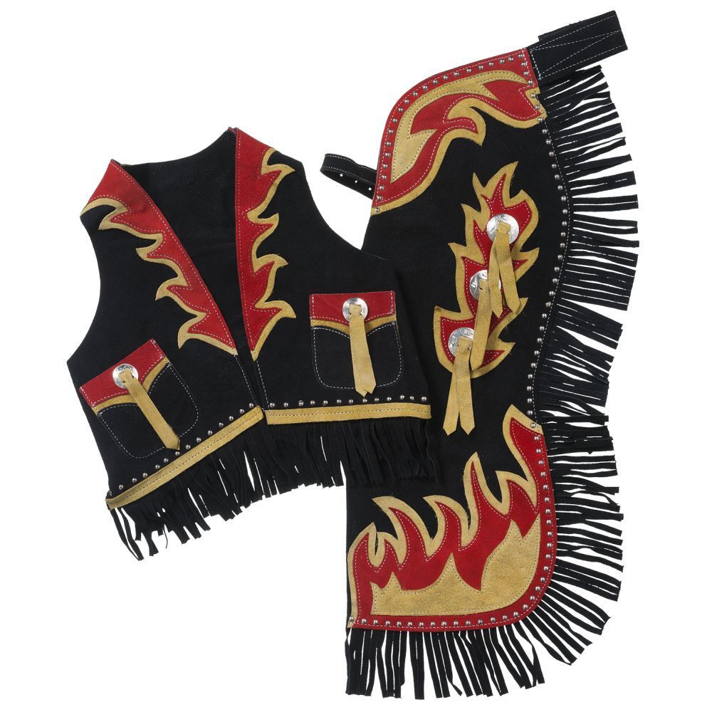 Premium Youth Chap and Vest Set with Bucking Horse and Flame Design_1