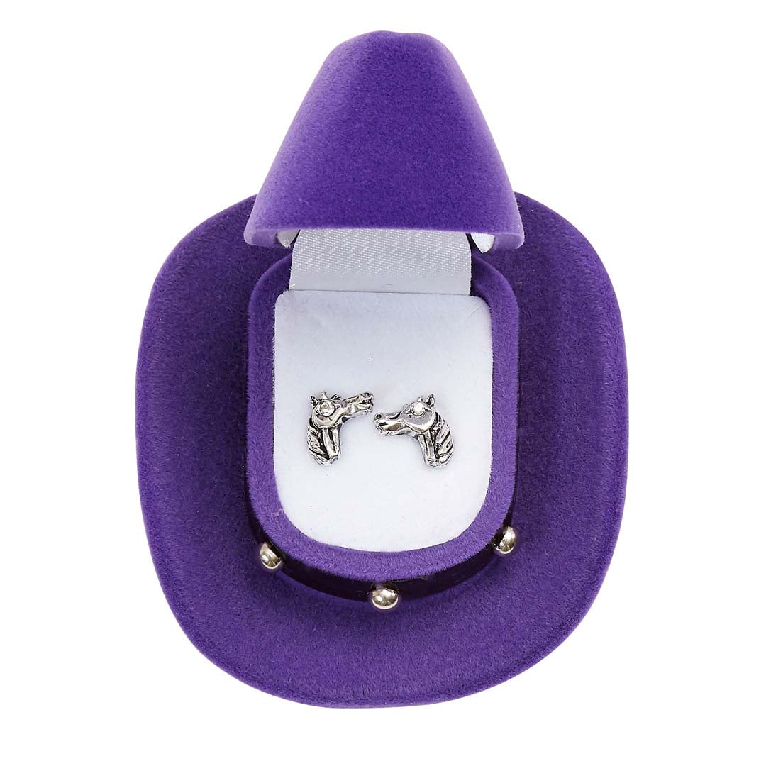 AWST Int'l Horse Head Earrings w/Purple Cowboy Hat Gift Box - Breeches.com