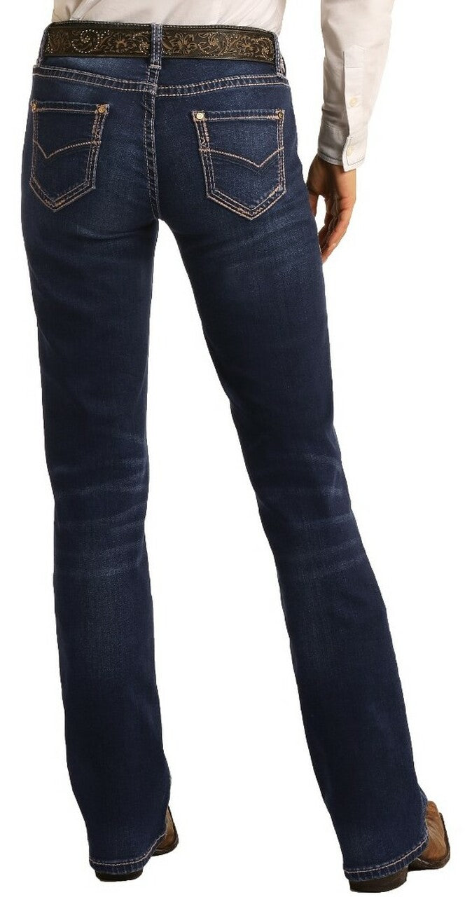 Rock &amp; Roll Denim Ladies Mid Rise Extra Stretch Bootcut Riding Jeans- Dark Wash