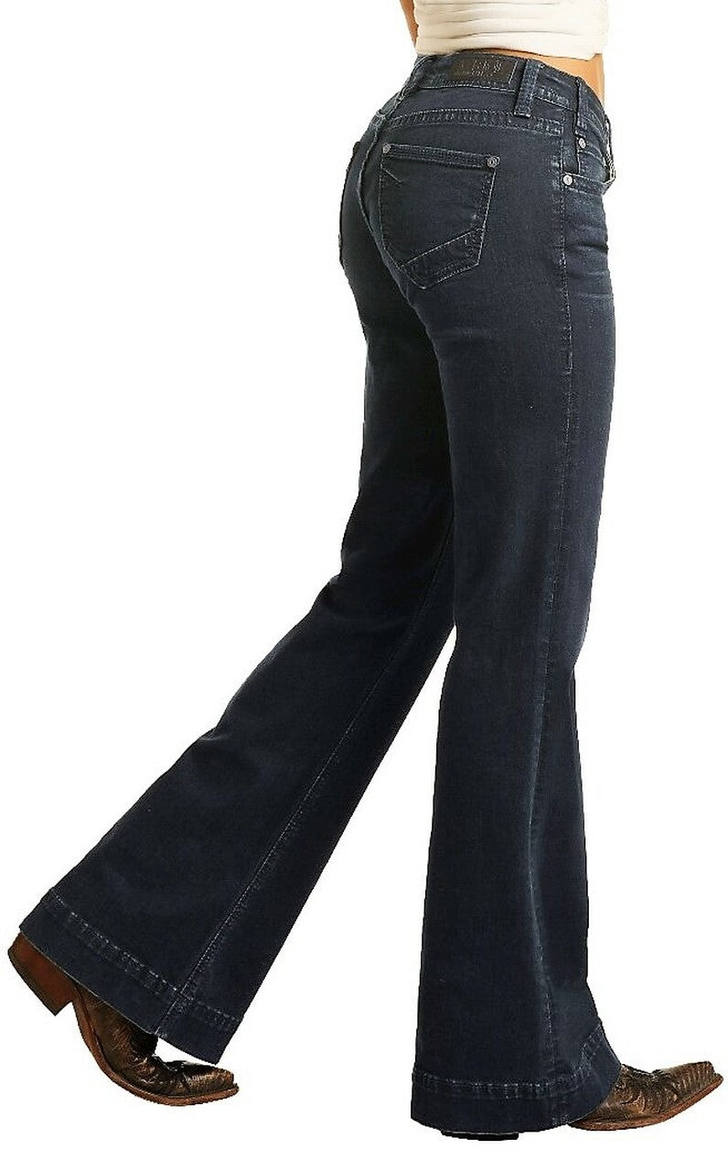 Rock &amp; Roll Denim Ladies Mid Rise Extra Stretch Bootcut Riding Jeans- Dark Wash