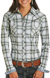 Panhandle Ladies Plaid Long Sleeve Snap Shirt- Blue- L