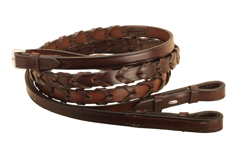 Tory Leather 5/8" Wide Laced Reins With Stud Hook Bit Ends And Stainless Steel Center Buckles_1