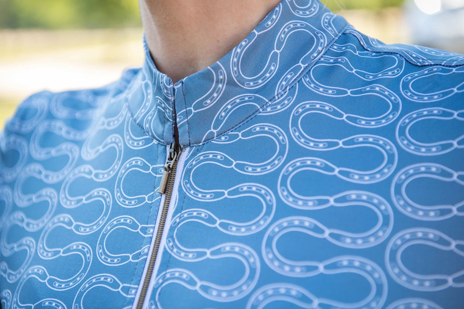FITS Ayra Long Sleeve Tech Shirt- Blue Fin Horseshoe - Breeches.com