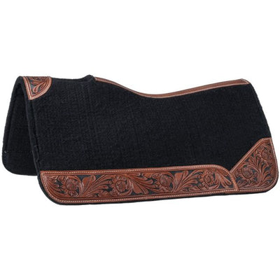 Tough-1 Black Felt Saddle Pad W/Tooled Medium Oil Wear Leathers Black 31X32 - Breeches.com