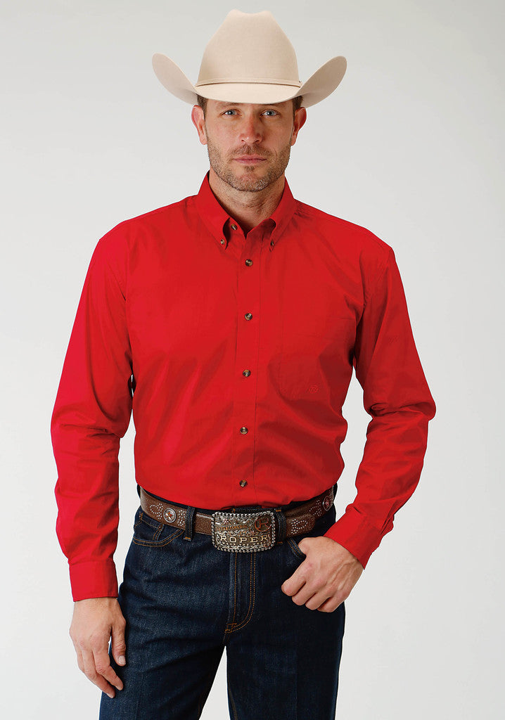 Roper Mens Red Solid Long Sleeve Western Button Shirt - Breeches.com