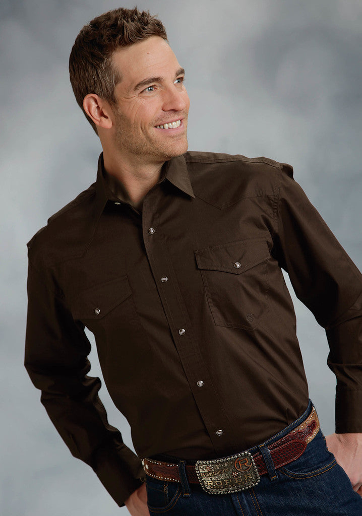Roper Mens Brown Solid Long Sleeve Western Snap Shirt Tall Fit - Breeches.com