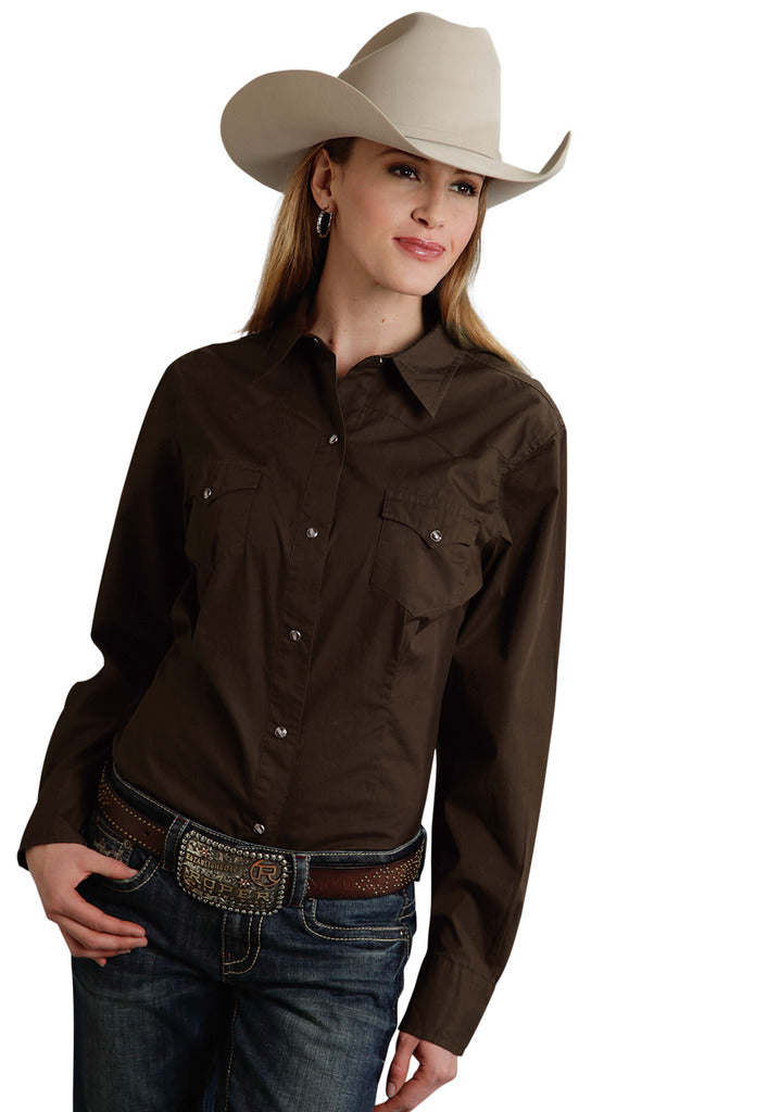 Roper Womens Brown Solid Long Sleeve Western Snap Shirt - Breeches.com