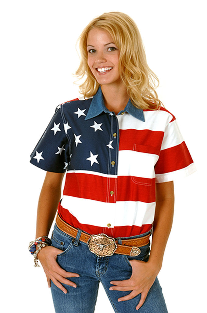 Roper Womens Red White And Blue Stars And Stripes Pieced American Flag Short Sleeve Western Snap Shirt - Breeches.com