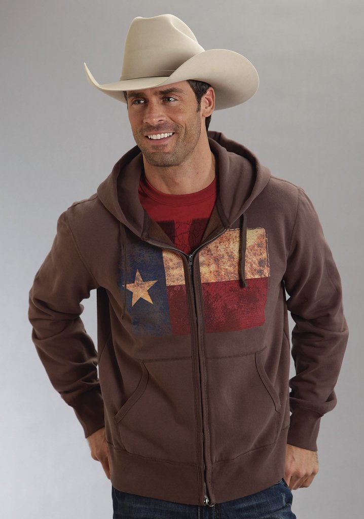 Roper Mens Brown With Texas Flag Screen Print Pullover Hooded Sweatshirt - Breeches.com