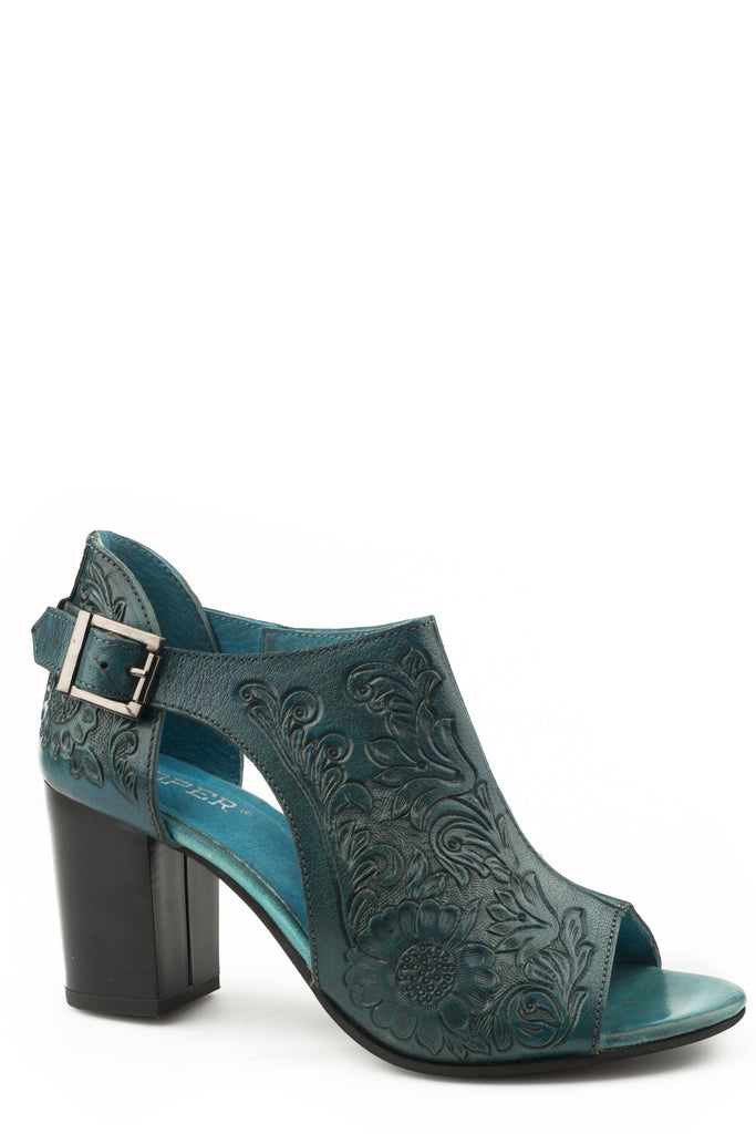Roper Womens Turquoise Floral Tooled Leather Sandals - Breeches.com