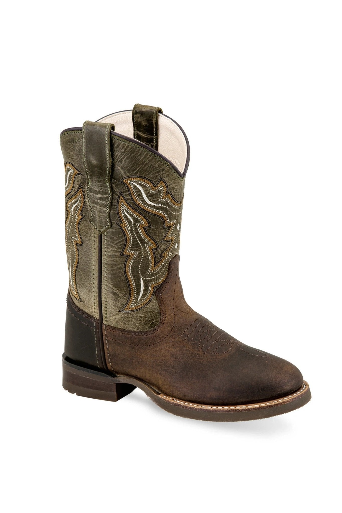 Old West Youth Brown and Olive Green Broad Square Round Toe Boot-Brown -Olive Green -5.5-D - Breeches.com